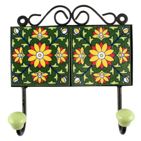 Sunflower Ceramic Tile Hook With Forest Green